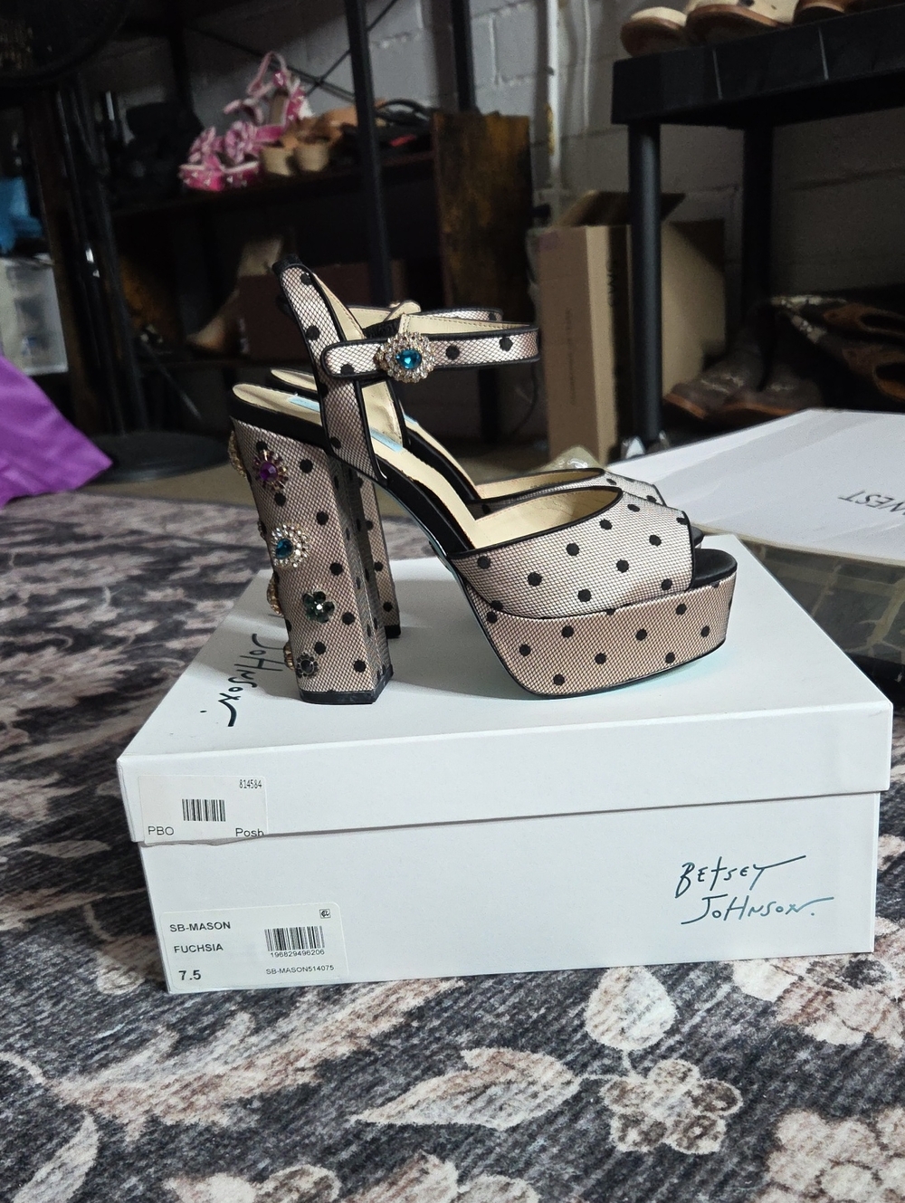 Betsey Johnson Beige and Black Polka Dot Jeweled Platform Sandals